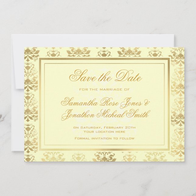 Reserva La Fecha Marfil y Oro Damask Save the Date (Anverso)