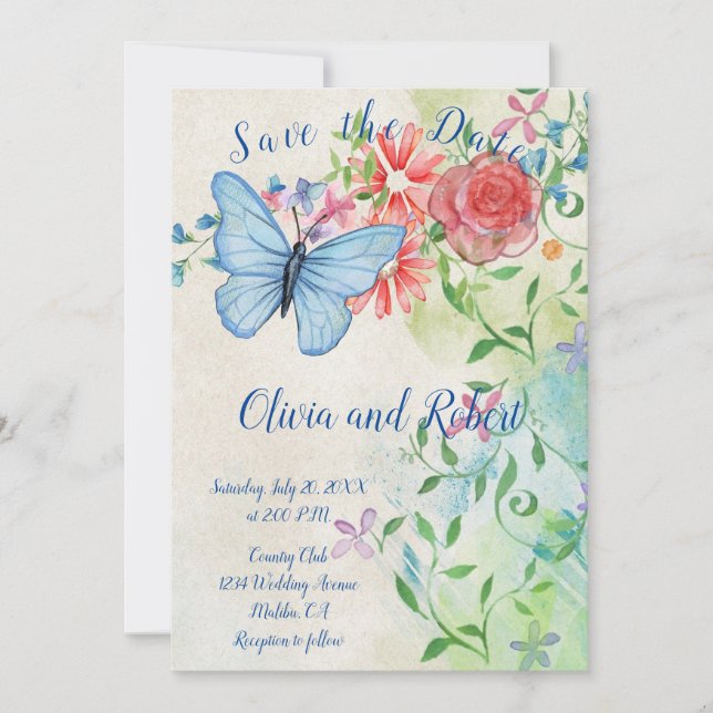 Reserva La Fecha Mariposa acuarela personalizada y rosa roja (Anverso)