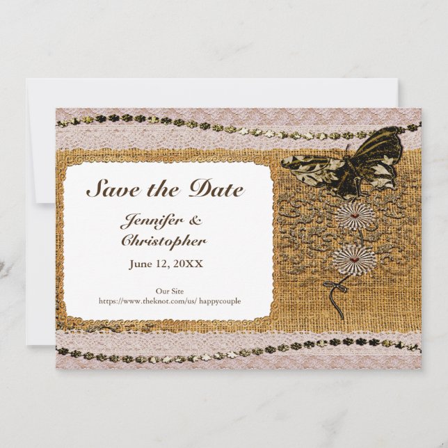 Reserva La Fecha Mariposa Bandas Florales Lace & Burlap Añadir Foto (Anverso)
