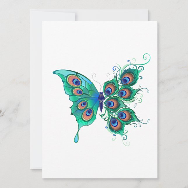 Reserva La Fecha Mariposa con plumas de pavo real verde (Anverso)