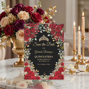 Reserva La Fecha Mariposa Dorada Negra y Roja Quinceañera