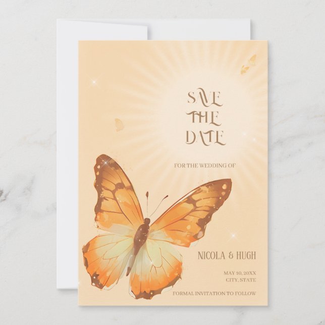 Reserva La Fecha Mariposa Monarca Acuarela Boda Save the Date (Anverso)