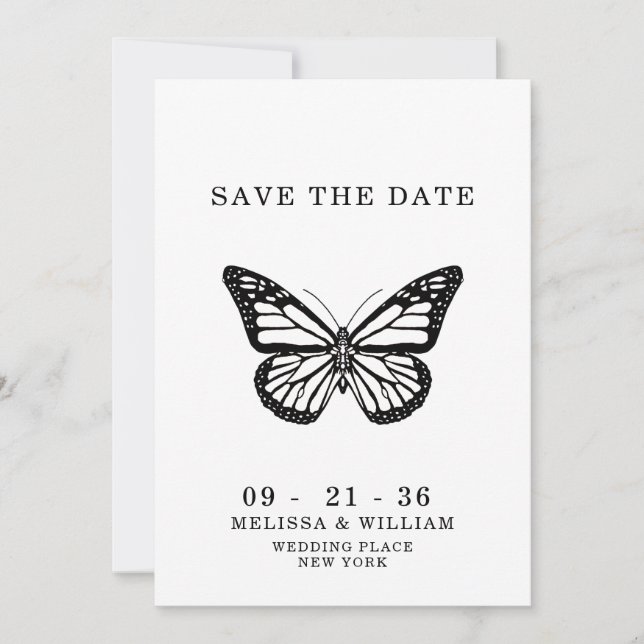 Reserva La Fecha Mariposa negra y blanca boda (Anverso)