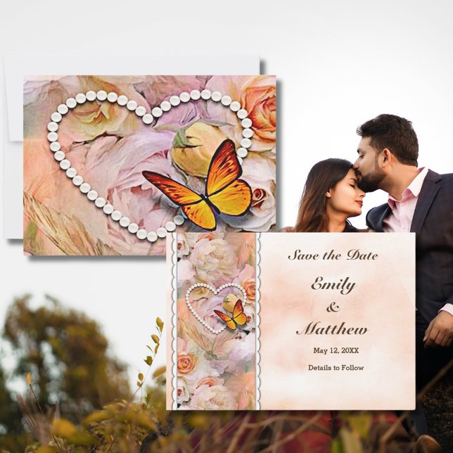 Reserva La Fecha Mariposa Pearl Heart Floral Serenity Rosas (Heart Pearls Floral Orange Roses Butterflies Save The Date Summer Wedding Engagement Happy Couple)