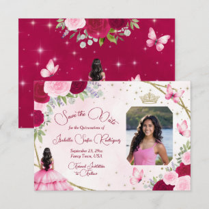 Reserva La Fecha Mariposa Princesa de Rosas Rosadas y Foto Quinceañ