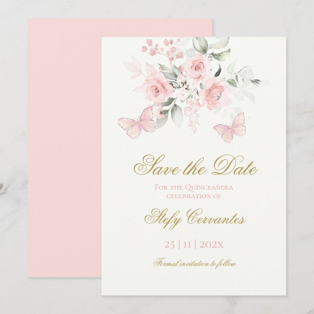 Reserva La Fecha Mariposa rosa Quinceañera (Anverso / Reverso)