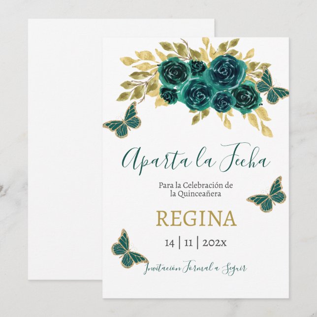 Reserva La Fecha Mariposa verde Quinceanera (Anverso / Reverso)