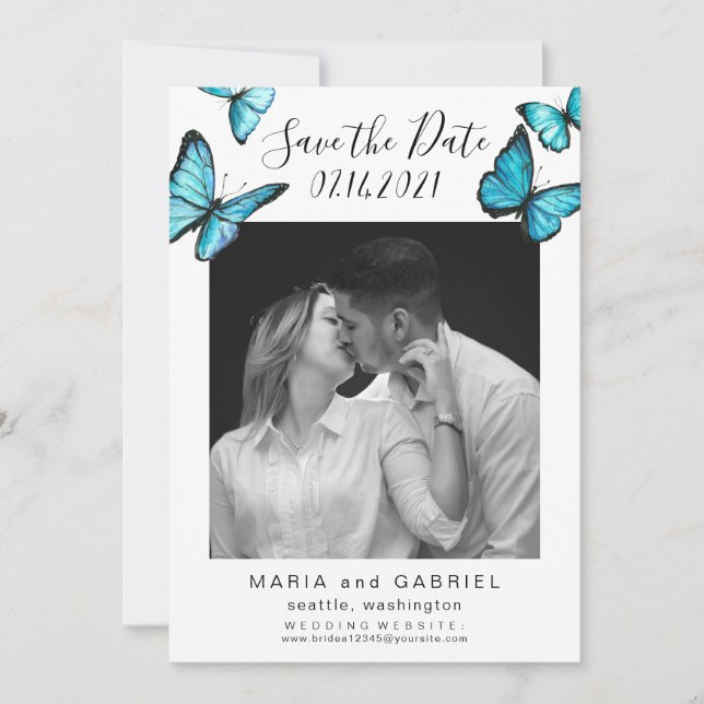 Reserva La Fecha Mariposas azules elegantes. Boda de fotografía bod (Anverso)