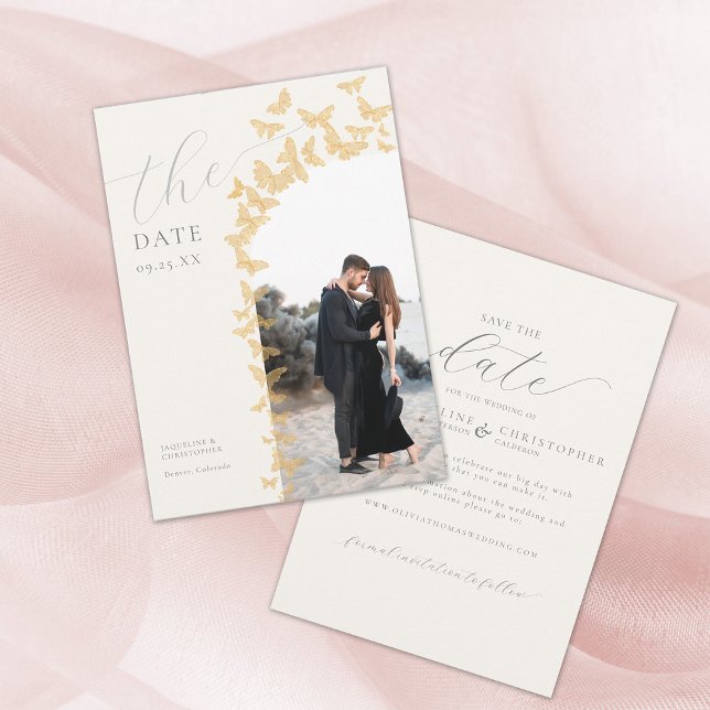 Reserva La Fecha Mariposas Boho Photo Arch Wedding Salven la fecha (gold butterflies boho arch photo save the date elegant romantic modern whimsical classy calligraphy)