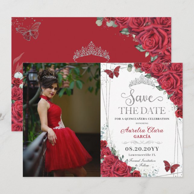 Reserva La Fecha Mariposas de Plata Roses Rojas Quinceanera Sweet 1 (Anverso / Reverso)