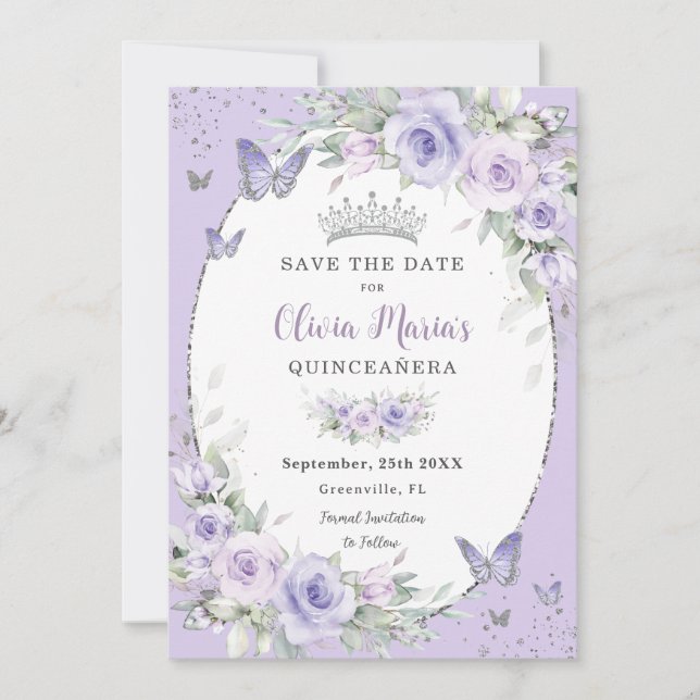 Reserva La Fecha Mariposas Florales Púrpura Lavender Quinceañera (Anverso)