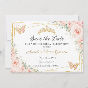 Reserva La Fecha Mariposas Florales Rosa Rubor Quinceañera Sweet 16