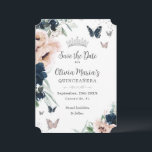 Reserva La Fecha Mariposas Rubor Floral Silver Quinceañera<br><div class="desc">Personaliza este elegante Quinceañera / dulce 16 cumpleaños Guardar la tarjeta de fecha fácil y rápidamente. Simplemente haga clic en el botón personalizar para editar los textos, cambiar las fuentes y los colores de las fuentes. Con hermosas acuarelas azul marino y flores ruidosas, mariposas y una corona de princesa plateada....</div>