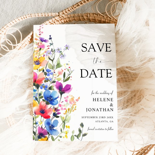 Reserva La Fecha Mariscos de flores silvestres Jardín Elegante Boda (Wildflower Watercolor Garden Elegant Wedding Save The Date)