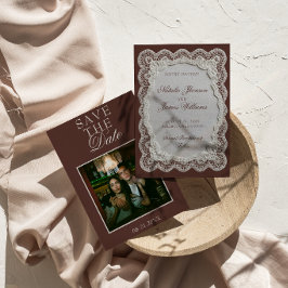 Reserva La Fecha Marrón Chocolate Encaje Dinero Antiguo Foto Boda
