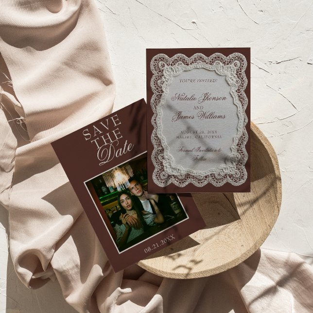 Reserva La Fecha Marrón Chocolate Encaje Dinero Antiguo Foto Boda (Subido por el creador)
