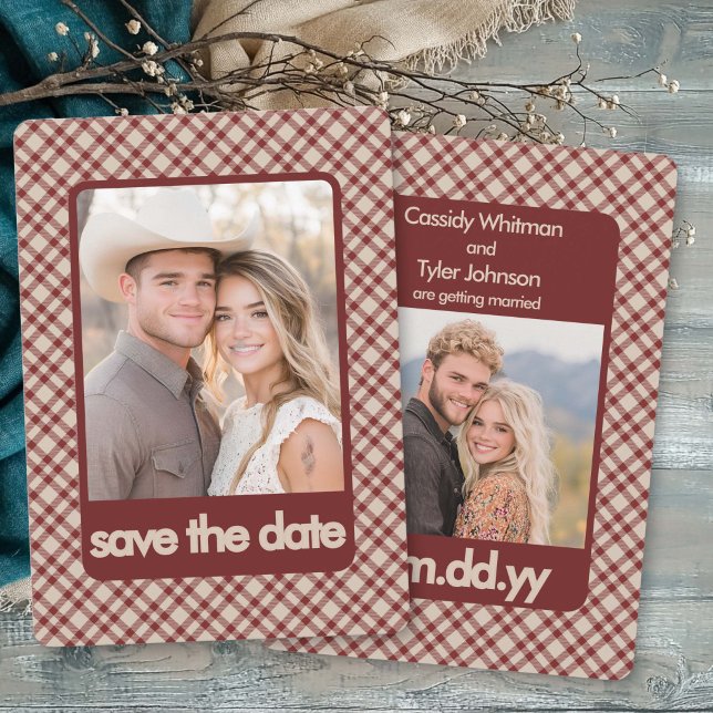 Reserva La Fecha Marrón Gingham Retro Rústico Occidental Multi Foto (Winter save the date with two photos, red-brown plaid and bold typography by Darling & May)