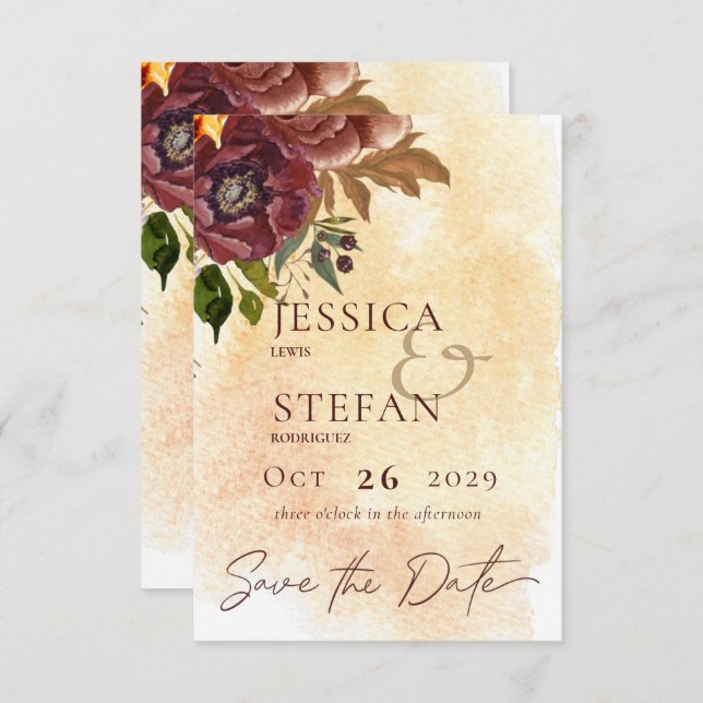Reserva La Fecha Marsala Clay & Yellow Bouquet Boda (Anverso / Reverso)