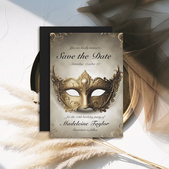 Reserva La Fecha Mascarada Oro Antiguo Máscara de Venecia 50 cumple (masquerade birthday party save the date venetian mask carnival antique elegant classy)