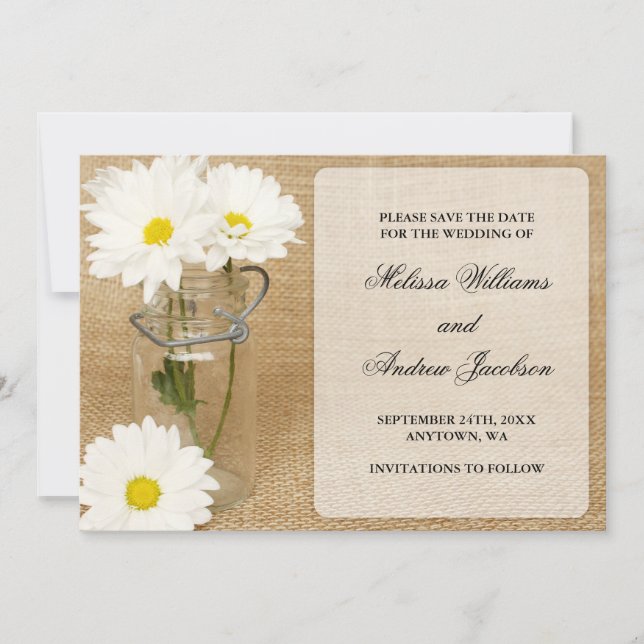 Reserva La Fecha Mason Jar Burlap White Daisies Save the Date (Anverso)