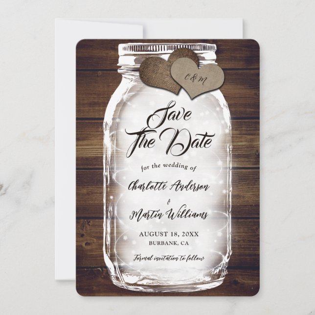 Reserva La Fecha Mason Jar ilumina a Burlap Hearts Barn Wood Boda (Anverso)