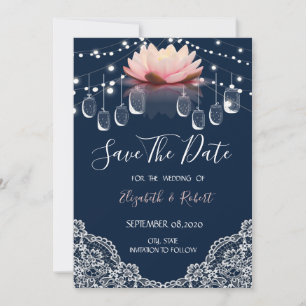 Reserva La Fecha Mason Jar, Lace, Lotus Navy Blue Save The Date
