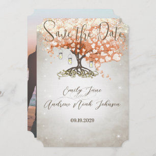 Reserva La Fecha Mason Jar Peachy Heart Leaf Tree Guardar la fecha