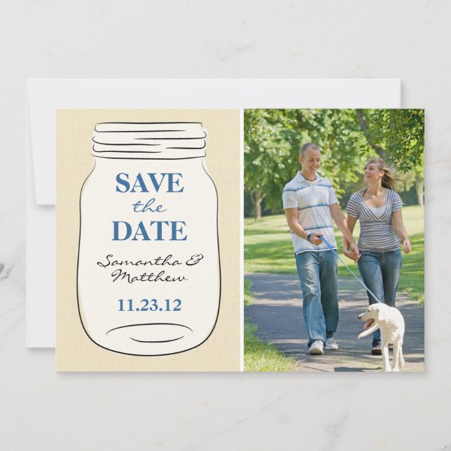 Reserva La Fecha Mason Jar Photo Save the Date Card - Azul (Anverso)