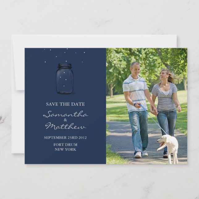 Reserva La Fecha Mason Jar Photo Save the Date Card - Azul oscuro (Anverso)