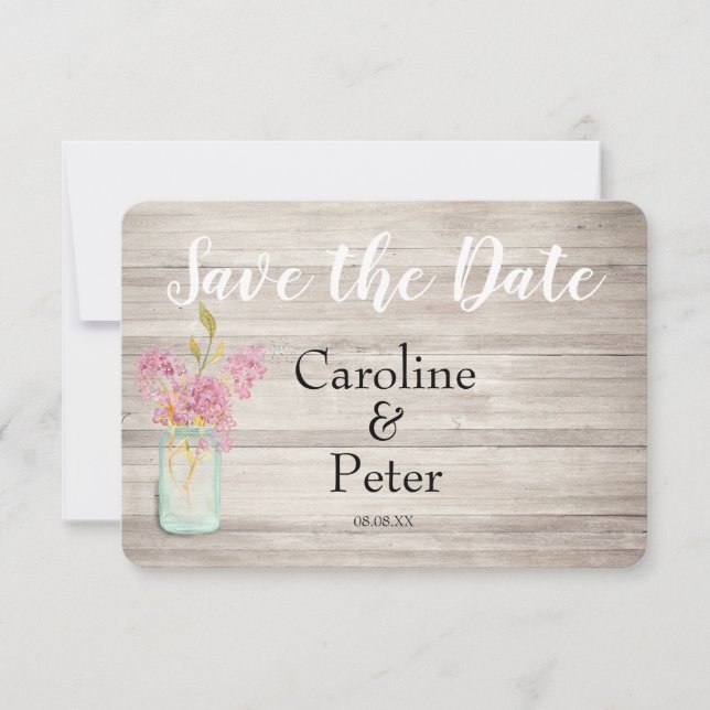Reserva La Fecha Mason Jar Pink Lilac Rustic Save the Date Card (Anverso)