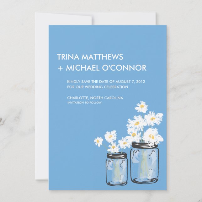 Reserva La Fecha Mason Jar & White Daisies Save the Date (Anverso)