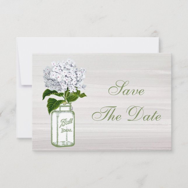 Reserva La Fecha Mason Jar & White Hydrangea Save The Date Boda (Anverso)