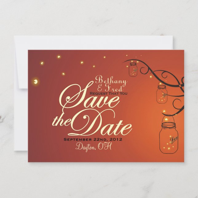 Reserva La Fecha Mason Jar y Firefly Save the Date Postcard (Anverso)