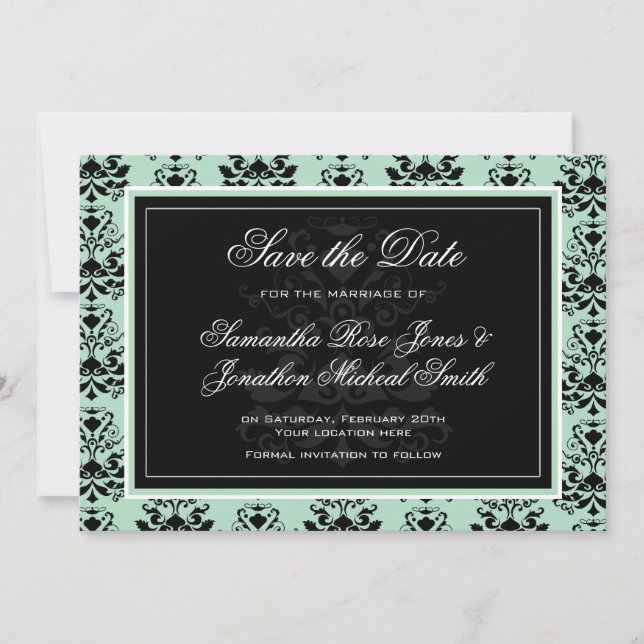 Reserva La Fecha Matrimonio Damasco negro y de menta para guardar l (Anverso)