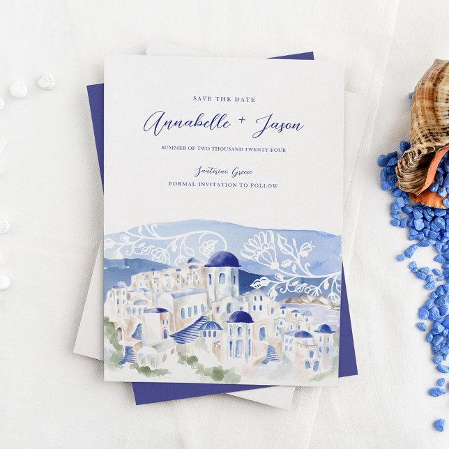 Reserva La Fecha Matrimonio de destino de la acuarela de Santorini  (Santorini Greece Watercolor Destination Wedding Save The Date)