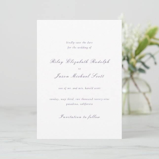 Reserva La Fecha Matrimonio elegante morado limpio (Anverso de pie)