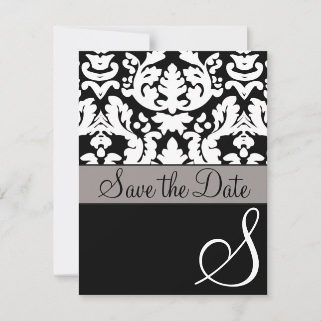 Reserva La Fecha Matrimonio formal negro/blanco Damask Save the Dat (Anverso)