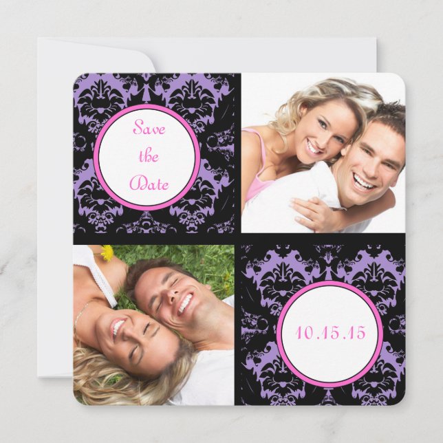Reserva La Fecha Matrimonio rosa Lilac Black Damask Save the Date (Anverso)