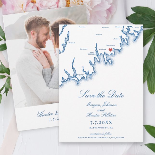 Reserva La Fecha Mattapoisett MA Map Elegant Navy Blue Wedding (Mattapoisett MA Wedding Save the Date with Photo in Elegant Navy Blue from Coastal Map Designs)