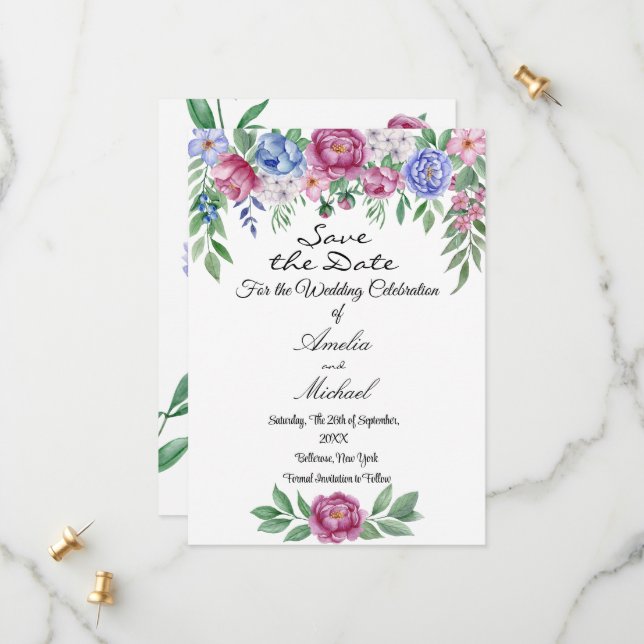 Reserva La Fecha Mauve Blue Peonies Floral (Anverso/Reverso In Situ)