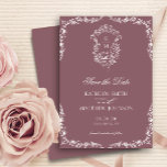 Reserva La Fecha Mauve Monograma Escudo Vintage Floral Boda<br><div class="desc">Boda Escudo Mauve Monograma Floral Vintage Guardar la tarjeta de fecha. Celebra tu día especial con este elegante y hermoso diseño de invitación a la boda para embellecer tu ocasión especial. Todos los textos están preorganizados para que puedas personalizarlos fácil y rápidamente con tus propios detalles.</div>