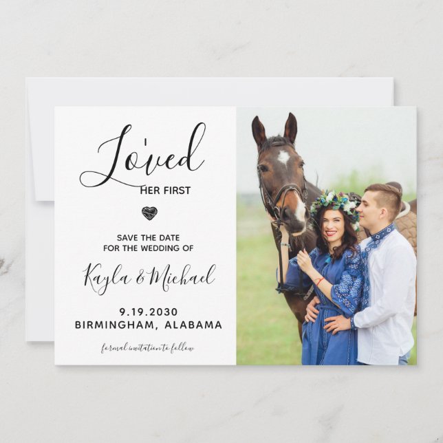 Reserva La Fecha Me Encantó Su Primera Foto Moderna Boda De Caballo (Anverso)