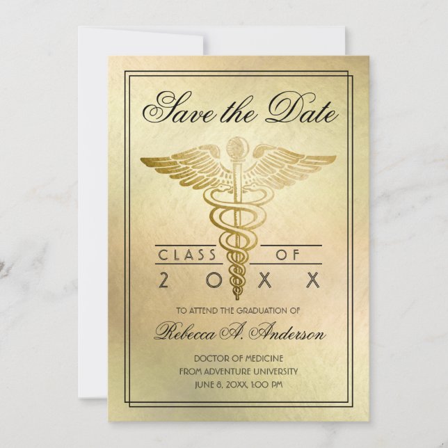 Reserva La Fecha Médico de graduación Caduceus Gold Elegant (Anverso)