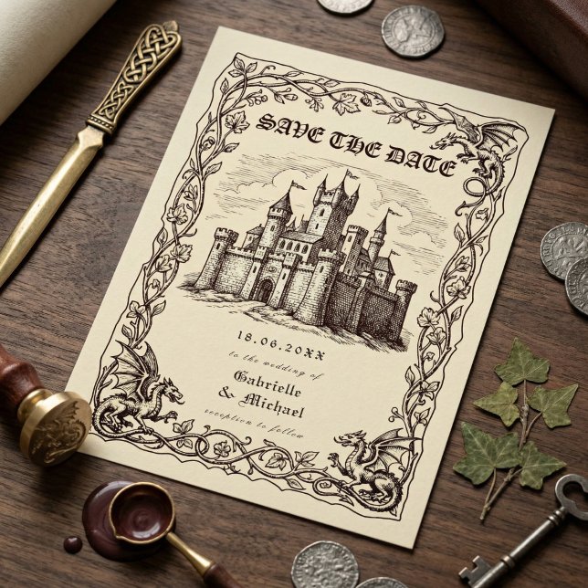 Reserva La Fecha Medieval Castle Sepia Illustration Wedding (Subido por el creador)