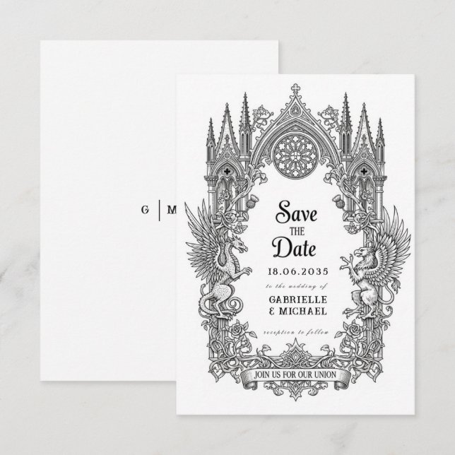 Reserva La Fecha Medieval Gothic Dragon Griffin Black Etching Save  (Anverso / Reverso)