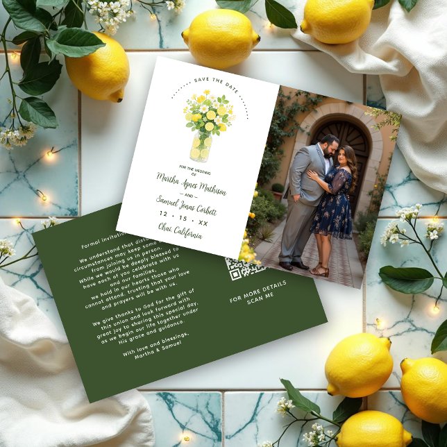 Reserva La Fecha Mediterranean Cheerful Floral Arrangement Lemons (Mediterranean Cheerful Floral Arrangement Lemons & Flowers Wedding Save the Date Cards with Photo)