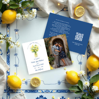 Reserva La Fecha Mediterranean Chic Blue Floral Arrangement Lemons