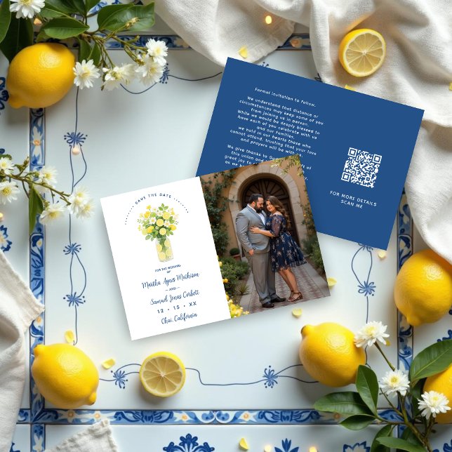 Reserva La Fecha Mediterranean Chic Blue Floral Arrangement Lemons (Mediterranean Cheerful Floral Arrangement Lemons & Flowers Wedding Save the Date Cards with Photo.)