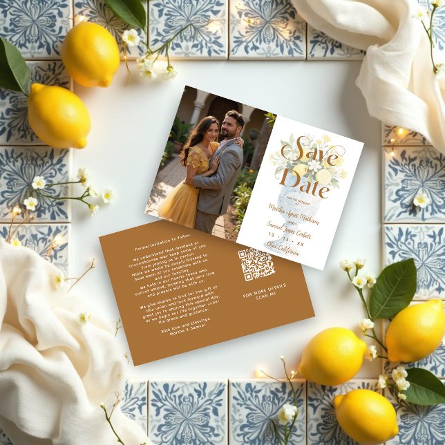 Reserva La Fecha Mediterranean Chic Floral Classic Chalice Lemons (Mediterranean Cheerful Floral Classic Chalice Lemons & Flowers Wedding Save the Date Cards.)