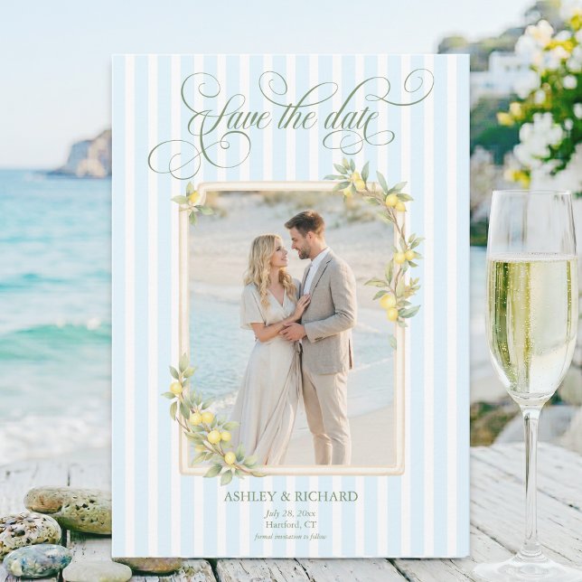 Reserva La Fecha Mediterranean Lemon Coastal Wedding Photo (elegant mediterranean citrus lemon coastal blue stripe couple photo wedding save the date card)
